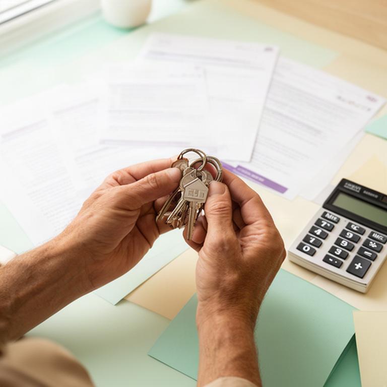 Manos sosteniendo unas llaves junto a documentos oficiales y una calculadora sobre una mesa luminosa