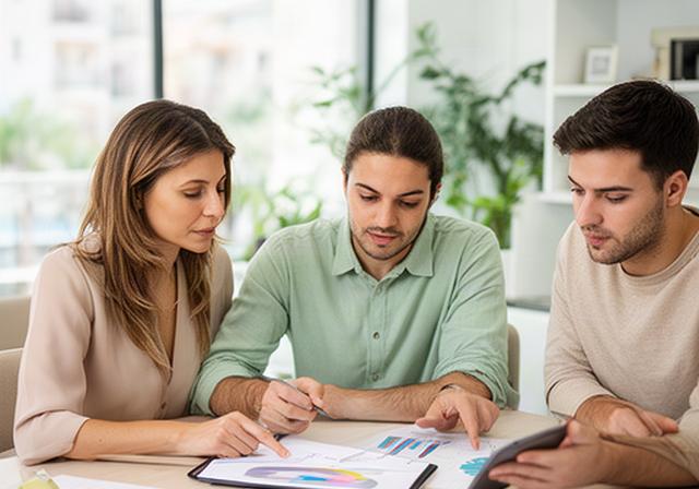 Asesora financiera revisando gráficos de ahorro para vivienda junto a una pareja en una oficina luminosa de Mataró
