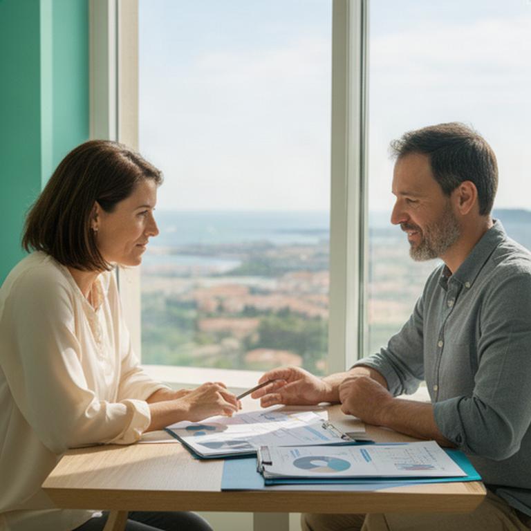 Asesora y cliente revisando un plan hipotecario junto a una ventana con vistas al Maresme