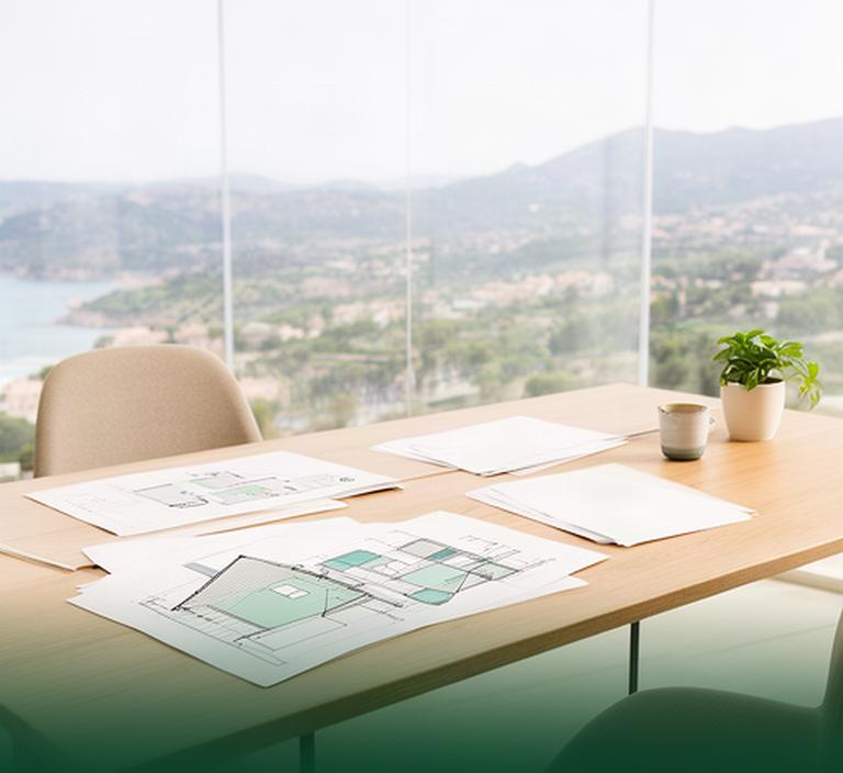 Oficina luminosa cerca de Cabrera de Mar con mesa de trabajo, planos de vivienda y paisaje del Maresme al fondo