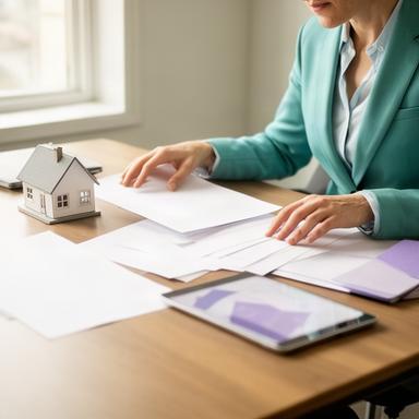 Asesor hipotecario consultando documentos de una vivienda en una mesa de trabajo