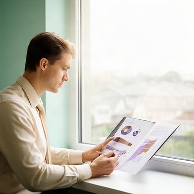 Especialista en inversión inmobiliaria analizando un plan de fondos junto a una ventana