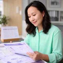 Niang Ing revisando el calendario de seguimiento de un plan de ahorro inmobiliario