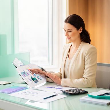 Asesora de planificación financiera revisando gráficos de ahorro en una oficina luminosa