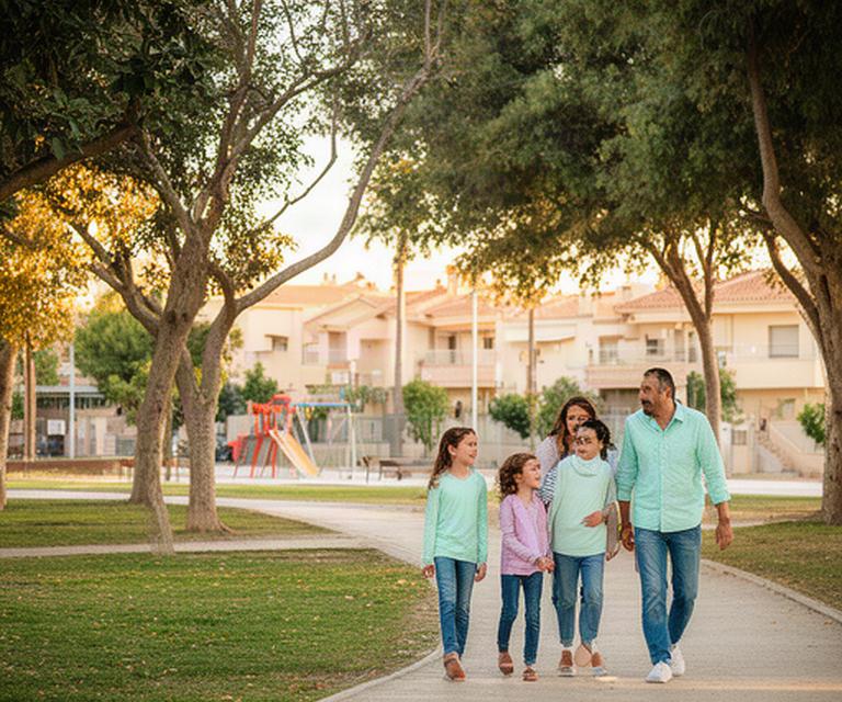 Familia con dos hijos paseando en un parque de Mataró cerca de una zona residencial y colegios