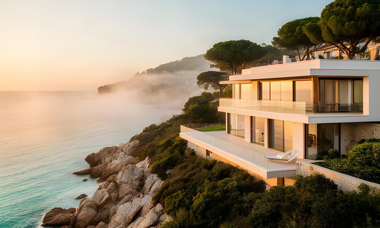 Casa contemporánea frente a una cala de la Costa Brava al amanecer