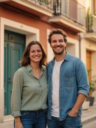 Pareja joven frente a la fachada de su piso en Mataró tras completar su plan de ahorro