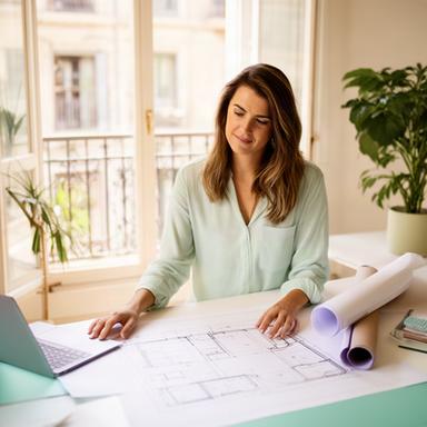 Diseñadora freelance revisando planos en un piso luminoso de Barcelona