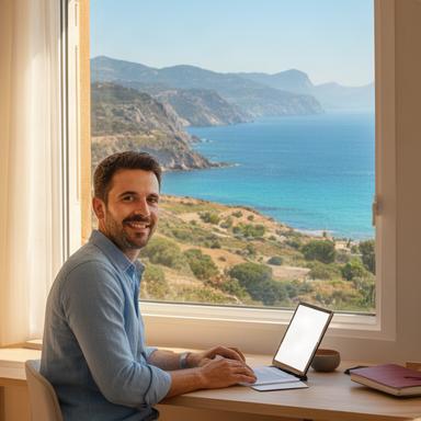 Guía turístico autónomo trabajando junto a una ventana con paisaje de la Costa Brava